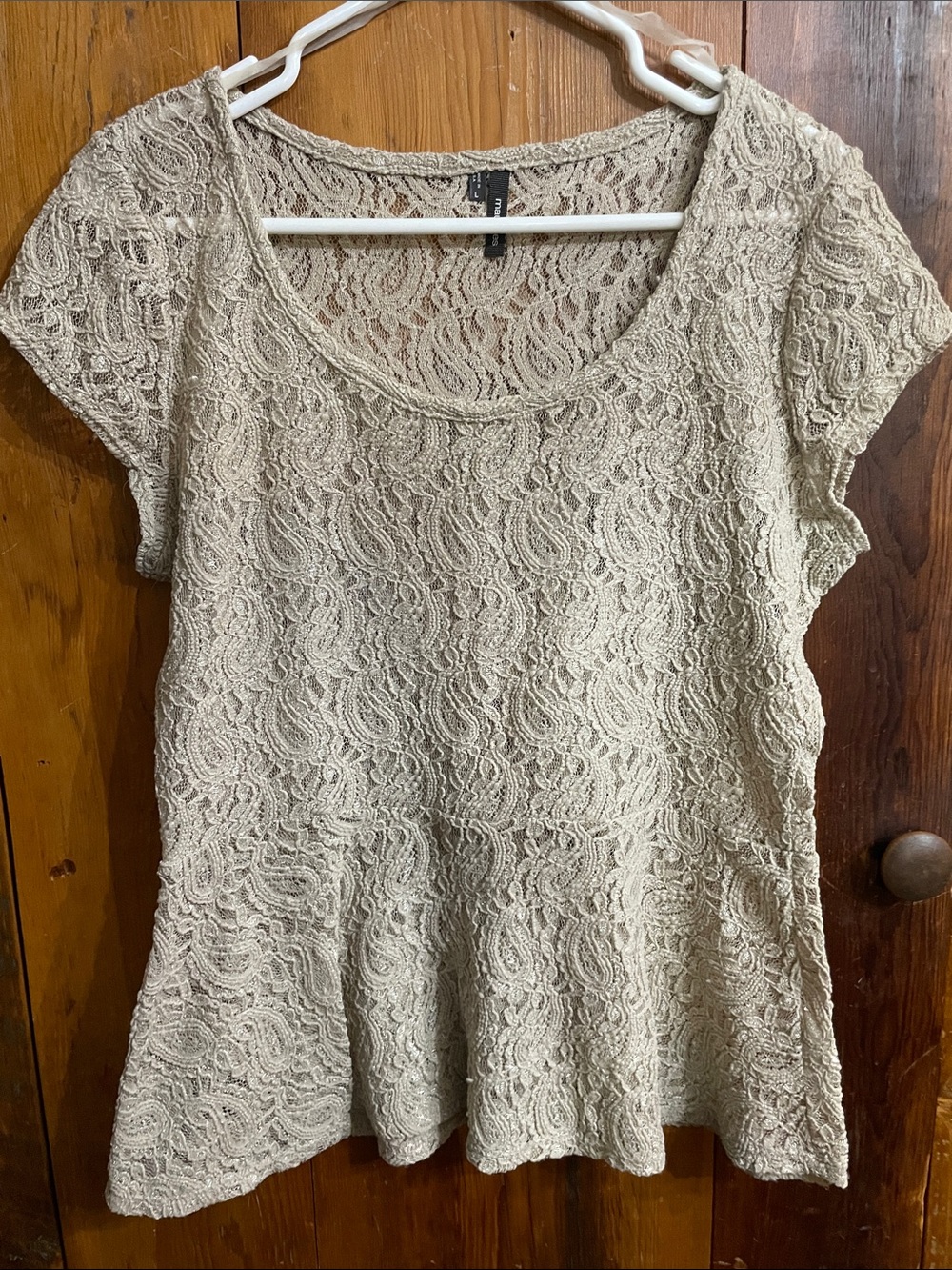 Maurices Beige Lace Short-Sleeve Peplum Top